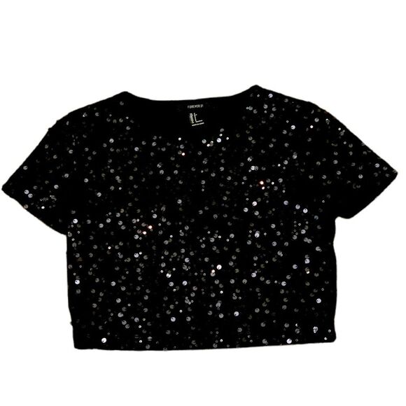 FOREVER 21 CROP TOP WOMEN SMALL BLACK SEQUIN LINED PARTY DATE NIGHT. - Picture 1 of 7